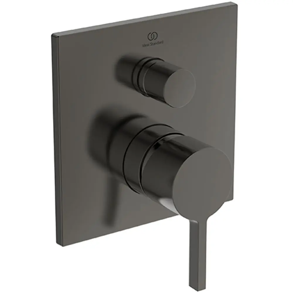 Wandmontierte Armatur in mattem Grau von Ideal Standard mit zwei Bedienreglern und einem Hebel zum Einstellen des Wasserflusses.